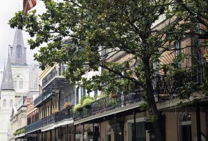 Cathedral St Louis can be viewed in the background of this Chartres Street scene in the French Quarter of New Orleans