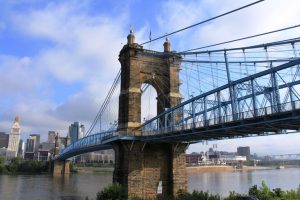 View of Cincinnati' s John A. Roebling Suspension Bridge