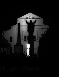 Shadow Of Jesus Christ Statue On St Louis Cathedral At Night