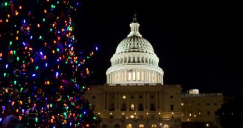 Capitol at night with purple Christmas tree in front.