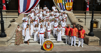 The Royal Hawaiian Band poses on the steps of ‘Iolani Palace in downtown Honolulu