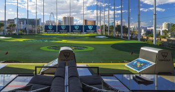 The Strip view from the hitting bays at Topgolf Las Vegas