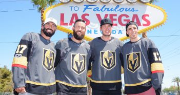 Deryk Engelland, Jason Garrison, Brayden McNabb and Marc-Andre Fleury, the first Golden Knights, pose at a true Vegas landmark