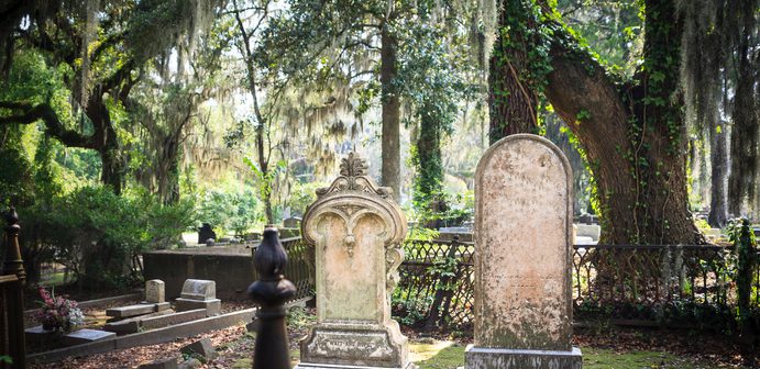 Tombstones and gravesite at Bonaventure Cemetery, Savannah, Georgia. Live Oak trees and Spanish Moss in the background. Shallow DOF.
